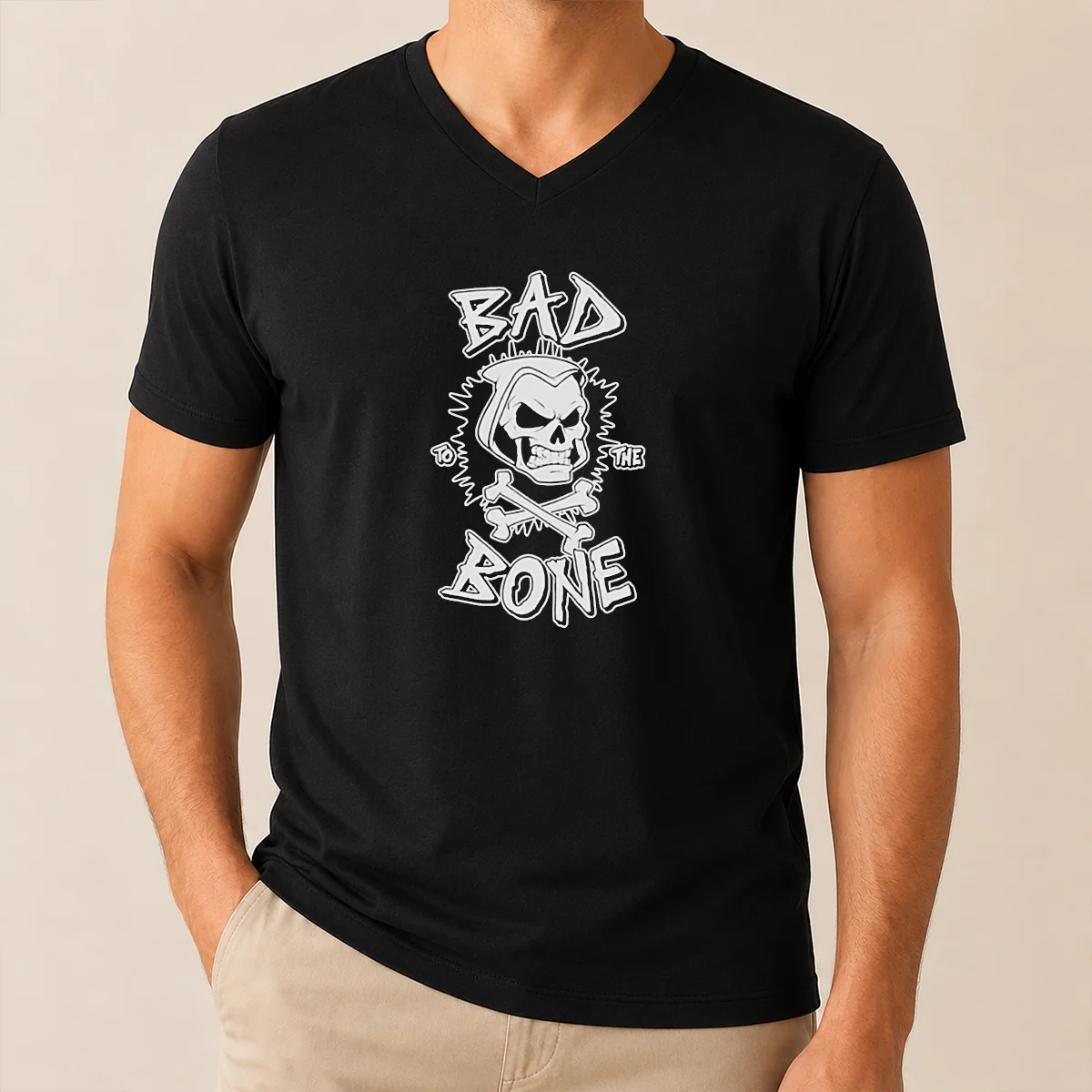 Premium Bad To The Bone Skull V-Neck Shirt Premium Bad To The Bone Skull V-Neck Shirt