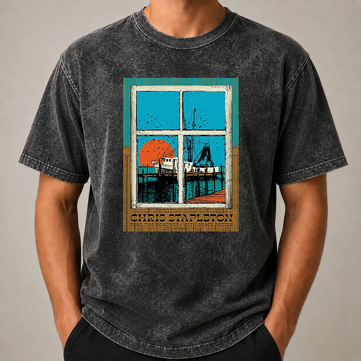 Premium Chris Stapleton At North Charleston Coliseum On June 26 2026 Poster Washed T Shirt Premium Chris Stapleton At North Charleston Coliseum On June 26 2026 Poster printed on a soft washed t shirt in dark gray