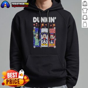 Premium Dunkin Mickey Mouse Patriotic Statue Of Liberty Uncle Sam Hoodie in black, featuring vibrant patriotic graphics