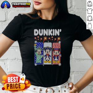 Premium Dunkin Mickey Mouse Patriotic Statue Of Liberty Uncle Sam Ladies shirt in vibrant patriotic colors