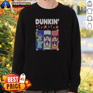 Premium Dunkin Mickey Mouse Patriotic Statue Of Liberty Uncle Sam Sweatshirt in navy blue, featuring vibrant patriotic graphics