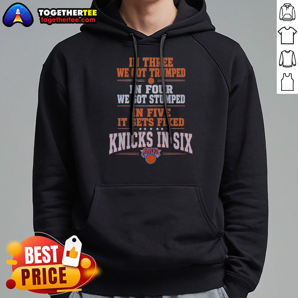 Premium New York Knicks In Three We Got Trumped In Four We Got Stumped Shirt on Hoodie Premium New York Knicks In Three We Got Trumped In Four We Got Stumped Shirt shown as a hoodie preview
