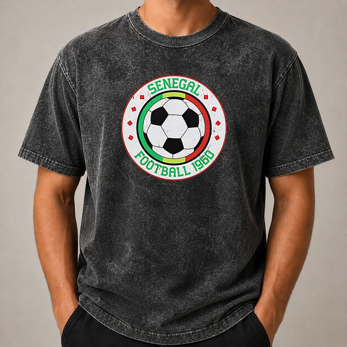 Premium Senegal Football 1960 Vintage Soccer Washed T Shirt Premium Senegal Football 1960 Vintage Soccer Washed T Shirt showing soft faded fabric and classic fit