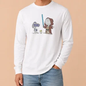 Pretty Charlie Brown Snoopy Woodstock Star Wars R2 D2 BB 8 Mashup Character Long Sleeve Shirt in white, front view