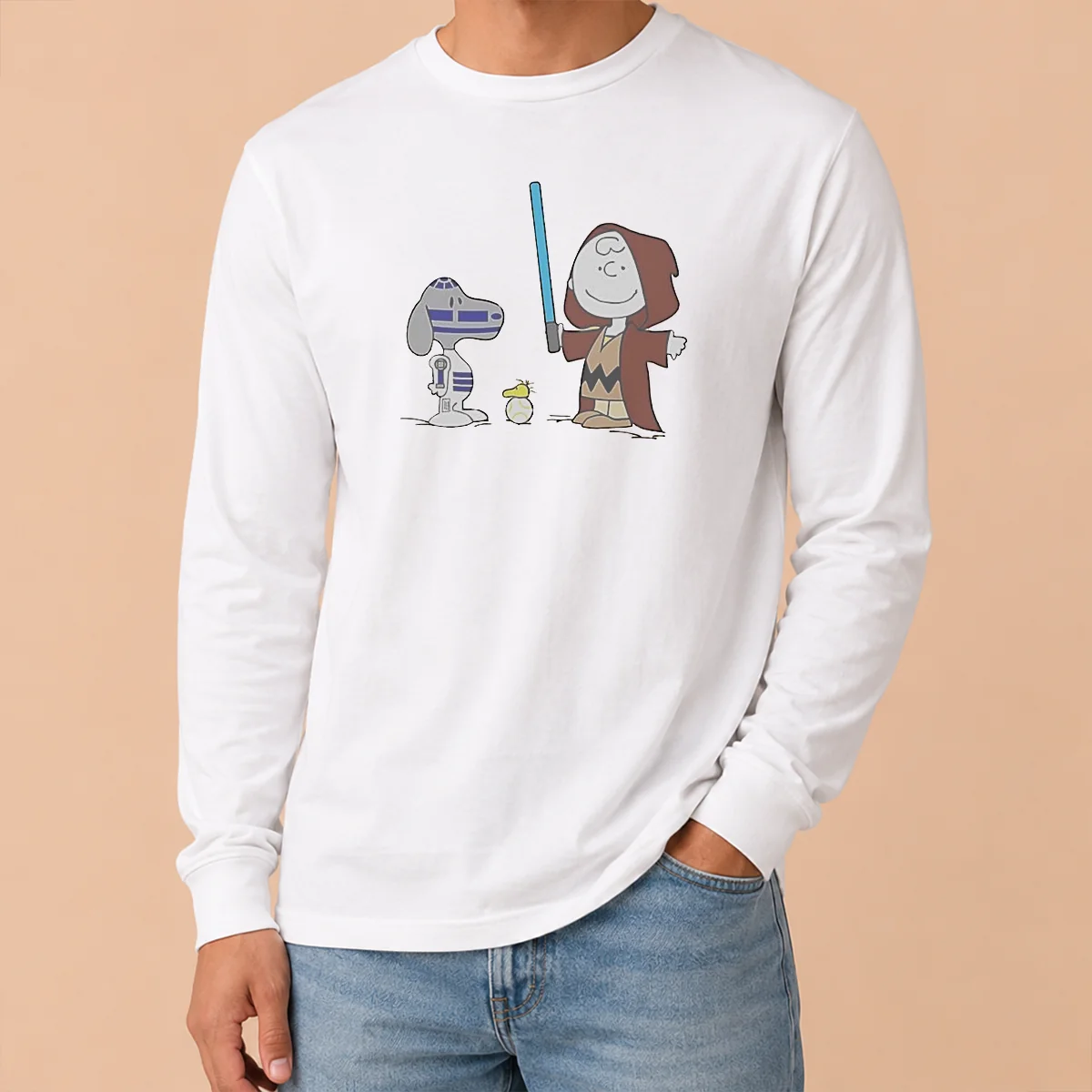 Pretty Charlie Brown Snoopy Woodstock Star Wars R2 D2 BB 8 Mashup Character Long Sleeve Shirt Pretty Charlie Brown Snoopy Woodstock Star Wars R2 D2 BB 8 Mashup Character Long Sleeve Shirt in white, front view