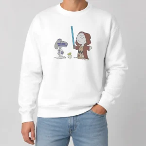 Pretty Charlie Brown Snoopy Woodstock Star Wars R2 D2 BB 8 Mashup Character Sweater in cozy knit fabric with vibrant graphic print