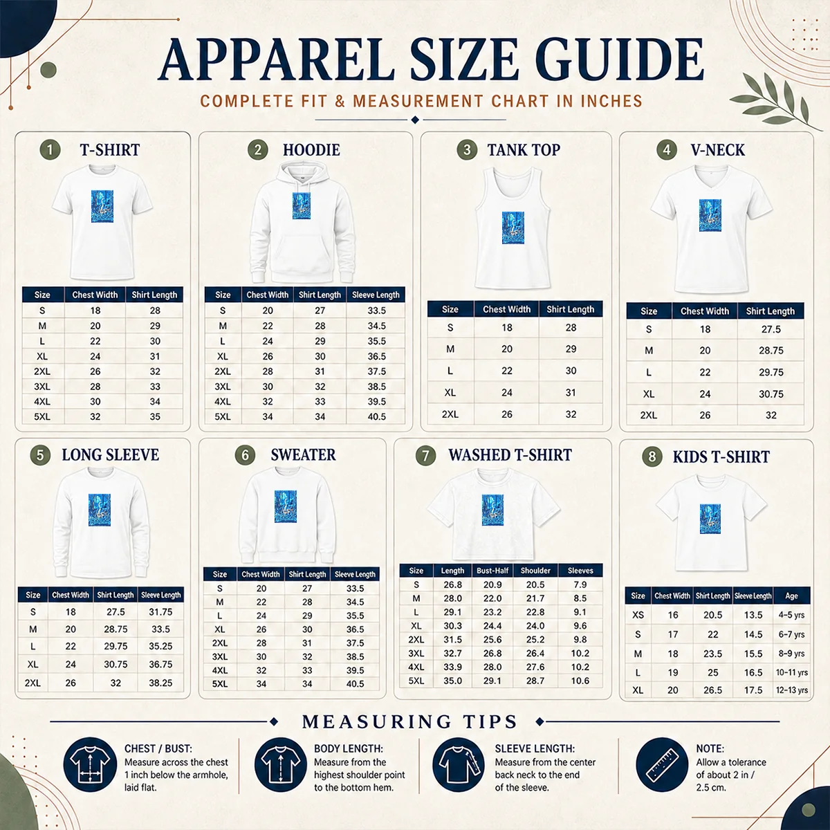 Pretty Kitchen Dwellers June 2026 Tour Size Chart Size chart for Pretty Kitchen Dwellers June 2026 Tour with measurements in inches and centimeters