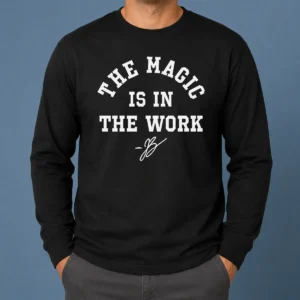 Top Ben Stiller Jalen Brunson The Magic Is In The Work Signature long sleeve shirt in black, front view