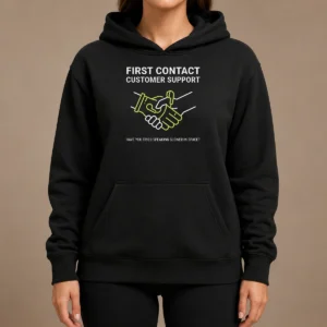 Top First Contact Alien Customer Support Hoodie in black with front graphic print