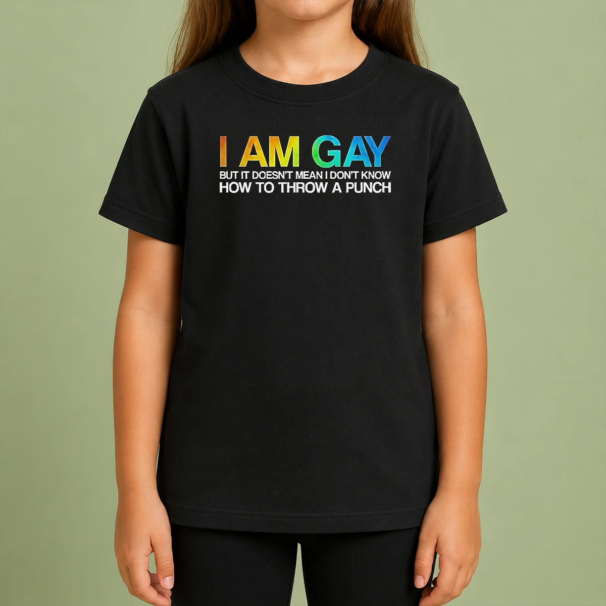 Top I Am Gay But It Doesn'T Mean I Don'T Know How To Throw A Punch Kids T Shirt Top I Am Gay But It Doesn'T Mean I Don'T Know How To Throw A Punch kids t shirt in white, front view