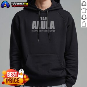 Top Team Alula Lebron James Championed Bold Sports Partnership Text Hoodie in black, front view with bold printed text