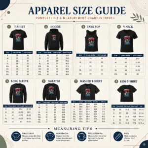 Size chart for the 3AM Charting Nurse Graffiti Coffee Shirt with measurements in inches and cm.