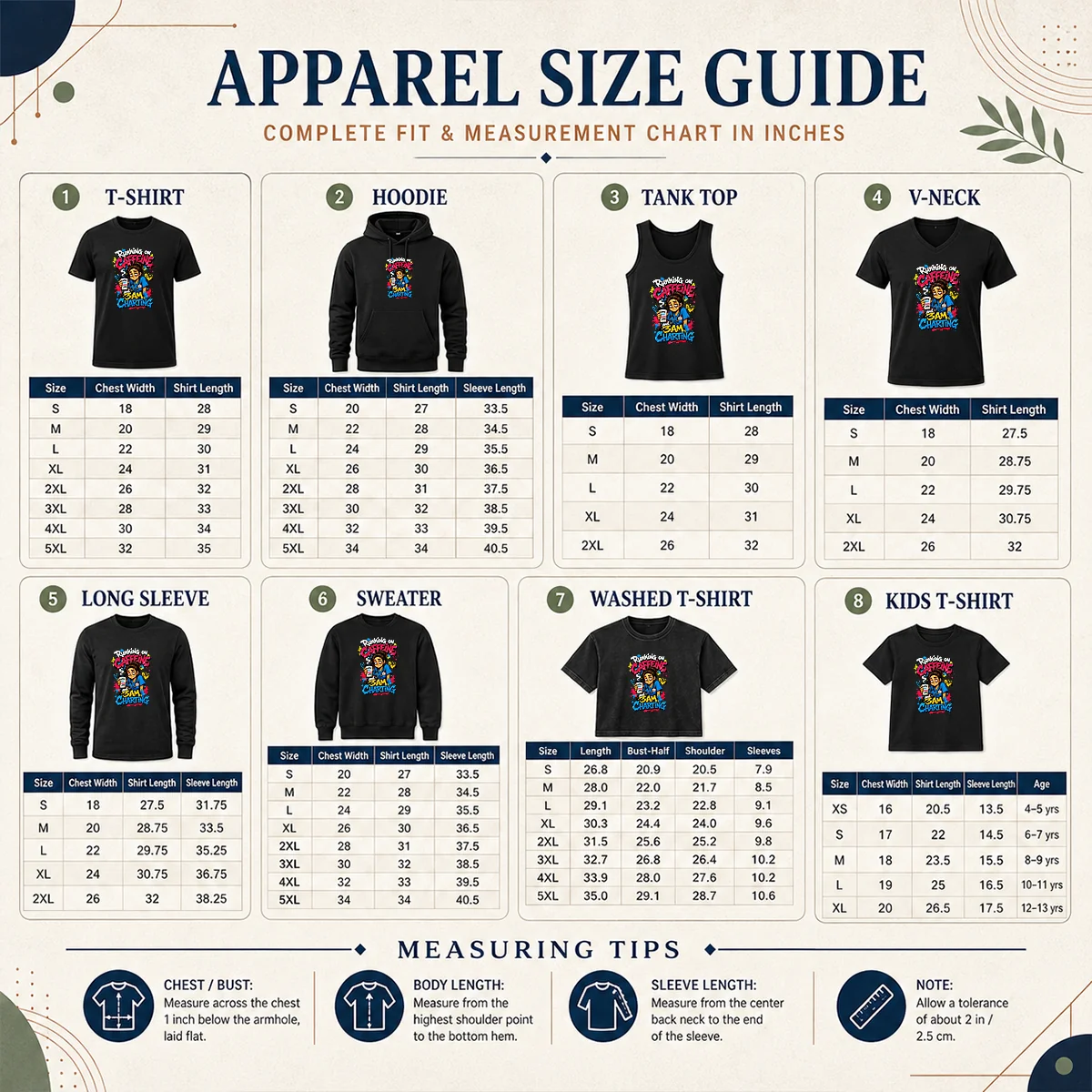 3AM Charting Nurse Graffiti Coffee Shirt Size Chart Size chart for the 3AM Charting Nurse Graffiti Coffee Shirt with measurements in inches and cm.