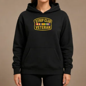 Awesome Hot Strip Club Veteran Logo hoodie in black, front view with bold graphic print