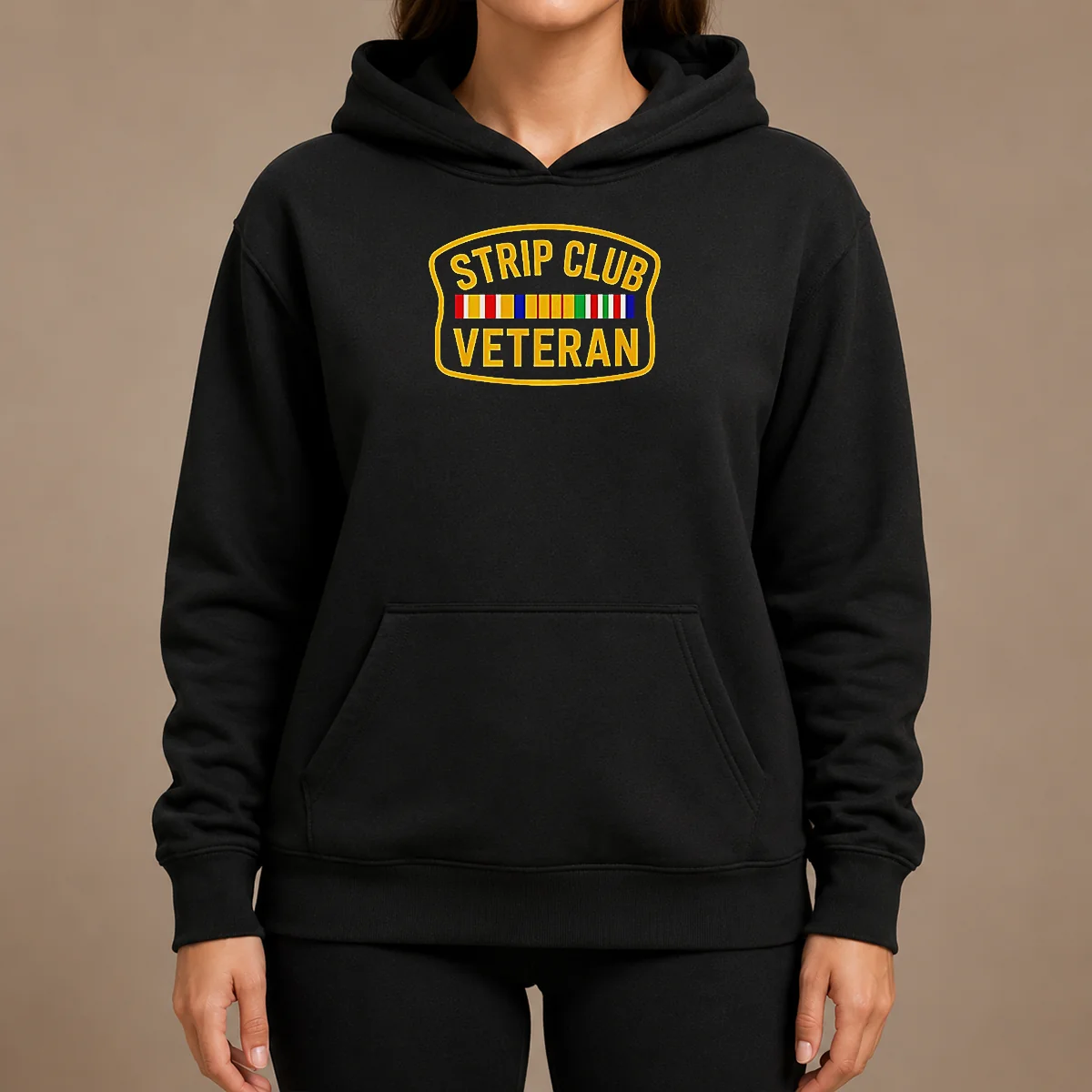 Awesome Hot Strip Club Veteran Logo Hoodie Awesome Hot Strip Club Veteran Logo hoodie in black, front view with bold graphic print