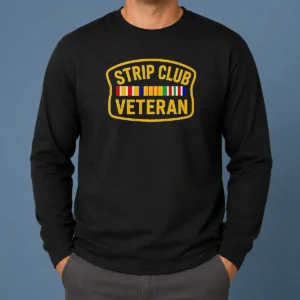 Awesome Hot Strip Club Veteran Logo long sleeve shirt in black, featuring bold graphic print on front