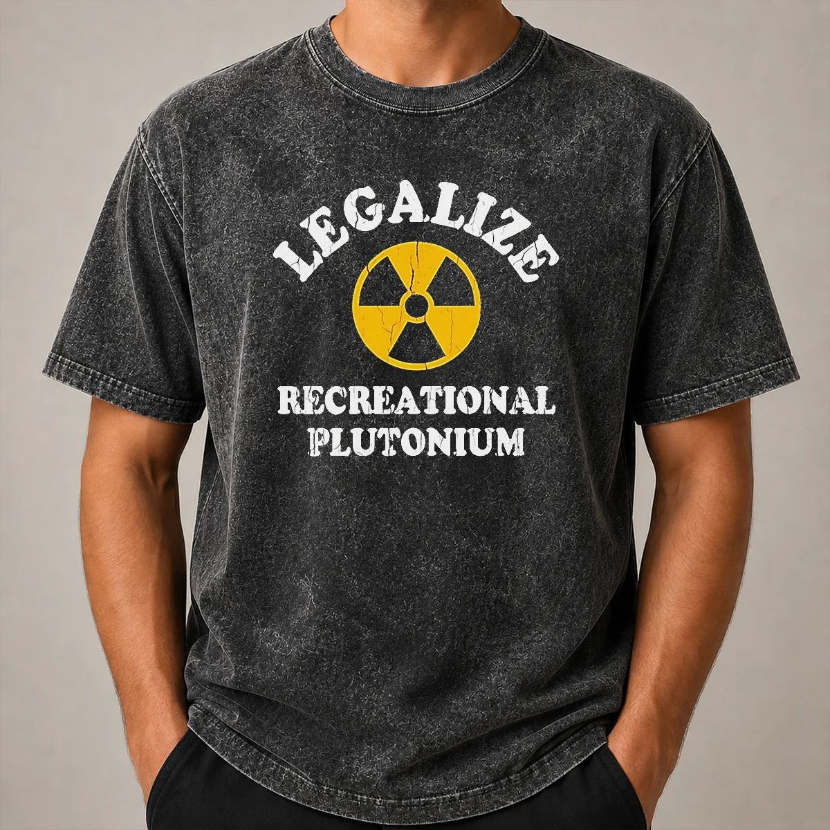 Awesome Legalize Recreational Plutonium Radiation Symbol Parody Washed T Shirt Awesome Legalize Recreational Plutonium Radiation Symbol Parody Washed T Shirt showing front print design on a soft washed cotton tee