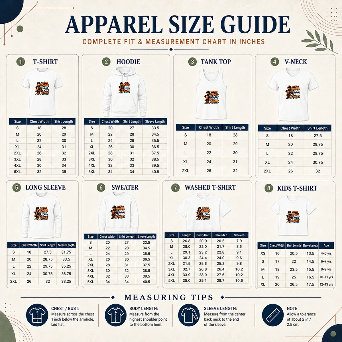 Baltimore Orioles Back to School Graffiti Shirt Size Chart Size chart for Baltimore Orioles Back to School Graffiti Shirt with measurements in inches and cm.