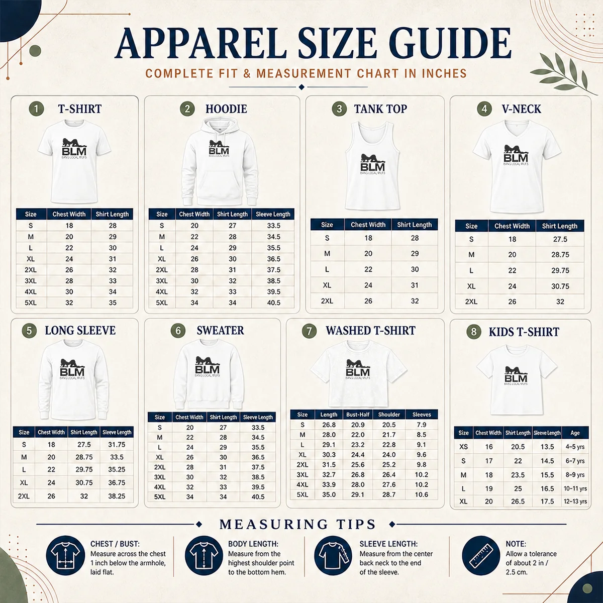 Funny BLM Bang Local Milfs Size Chart Size chart for Funny BLM Bang Local Milfs with measurements in inches and cm