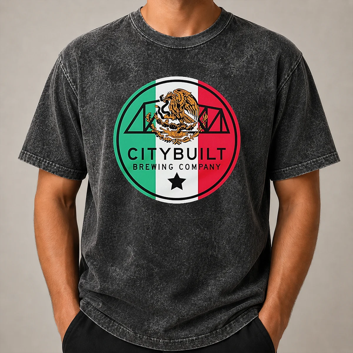 Funny Citybuilt Brewing Company Mexico Flag Eagle Washed T Shirt Funny Citybuilt Brewing Company Mexico Flag Eagle design on a soft washed t shirt in light grey