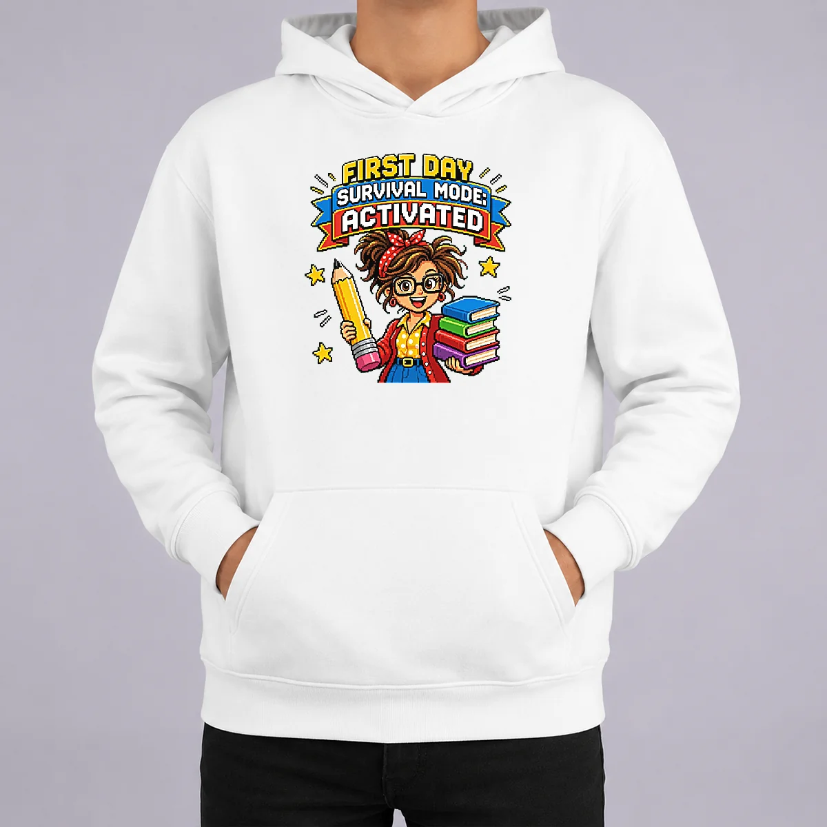 Funny First Day Survival Mode Teacher Pixel Hoodie Funny First Day Survival Mode Teacher Pixel Hoodie
