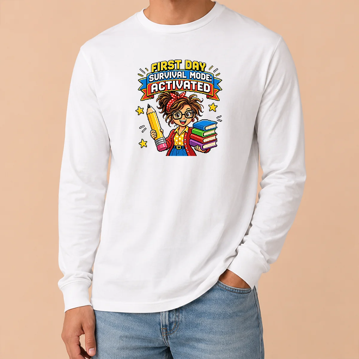 Funny First Day Survival Mode Teacher Pixel Long Sleeve Shirt Funny First Day Survival Mode Teacher Pixel Long Sleeve Shirt