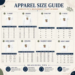 Size chart for Funny First Day Survival Mode Teacher Pixel showing measurements in inches and cm