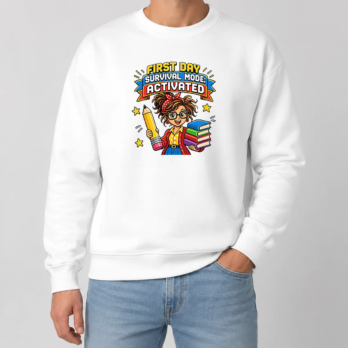 Funny First Day Survival Mode Teacher Pixel Sweater Funny First Day Survival Mode Teacher Pixel Sweater