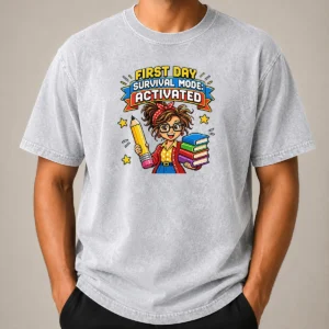 Funny First Day Survival Mode Teacher Pixel Washed T-Shirt
