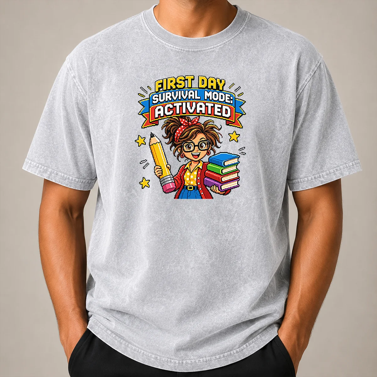 Funny First Day Survival Mode Teacher Pixel Washed T Shirt Funny First Day Survival Mode Teacher Pixel Washed T-Shirt