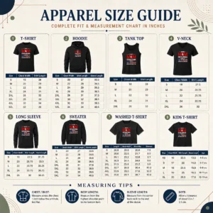 Size chart for Funny I'M A Mom Grandma And A Veteran Nothing Scares Me USA with measurements in inches and cm
