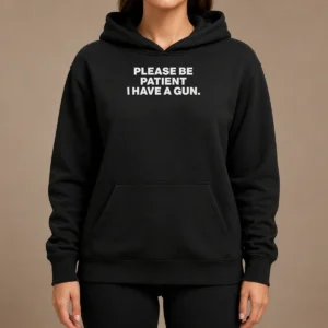 Funny Please Be Patient I Have A Gun Quote Hoodie in black, front view with bold white text