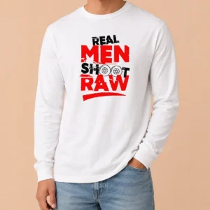 Funny Real Men Shoot Raw Photography Camera Shutter Aperture long sleeve shirt in black, front view