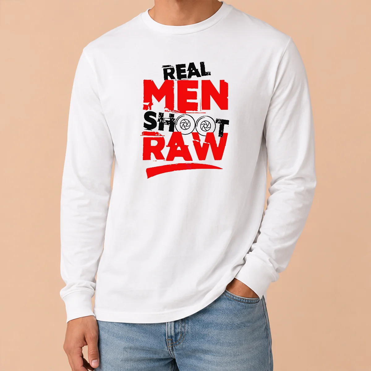 Funny Real Men Shoot Raw Photography Camera Shutter Aperture Long Sleeve Shirt Funny Real Men Shoot Raw Photography Camera Shutter Aperture long sleeve shirt in black, front view