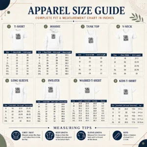 Size chart for Funny Summer Splash Amoeba Silhouette showing garment measurements in inches and cm