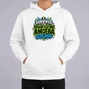 Good Brain Eating Amoeba Survival Typography Hoodie in black, featuring bold white text design on front