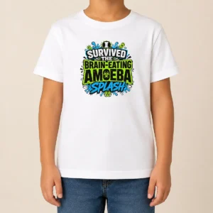Good Brain Eating Amoeba Survival Typography Kids T Shirt in vibrant colors, soft cotton fabric, front view