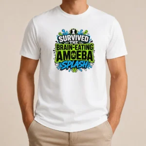 Good Brain Eating Amoeba Survival Typography t shirt in black, short sleeve cotton tee with bold white text design
