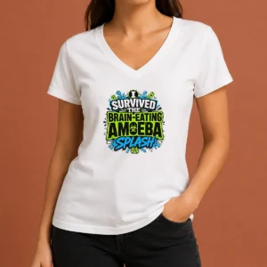 Good Brain Eating Amoeba Survival Typography V Neck Shirt in black, featuring bold white text design on soft fabric