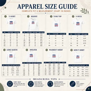 Size chart for Good Labour Day Proud American Worker Typography with measurements in inches and cm