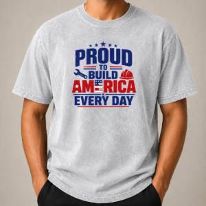 Good Labour Day Proud American Worker Typography Washed T Shirt in faded blue color with vintage print on front