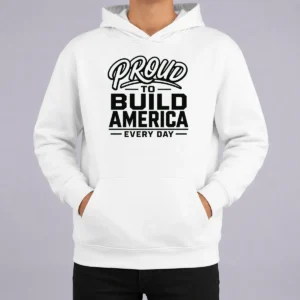 Good Labour Day Proud Builder With Line Art Typography hoodie in charcoal grey, front view with bold line art text