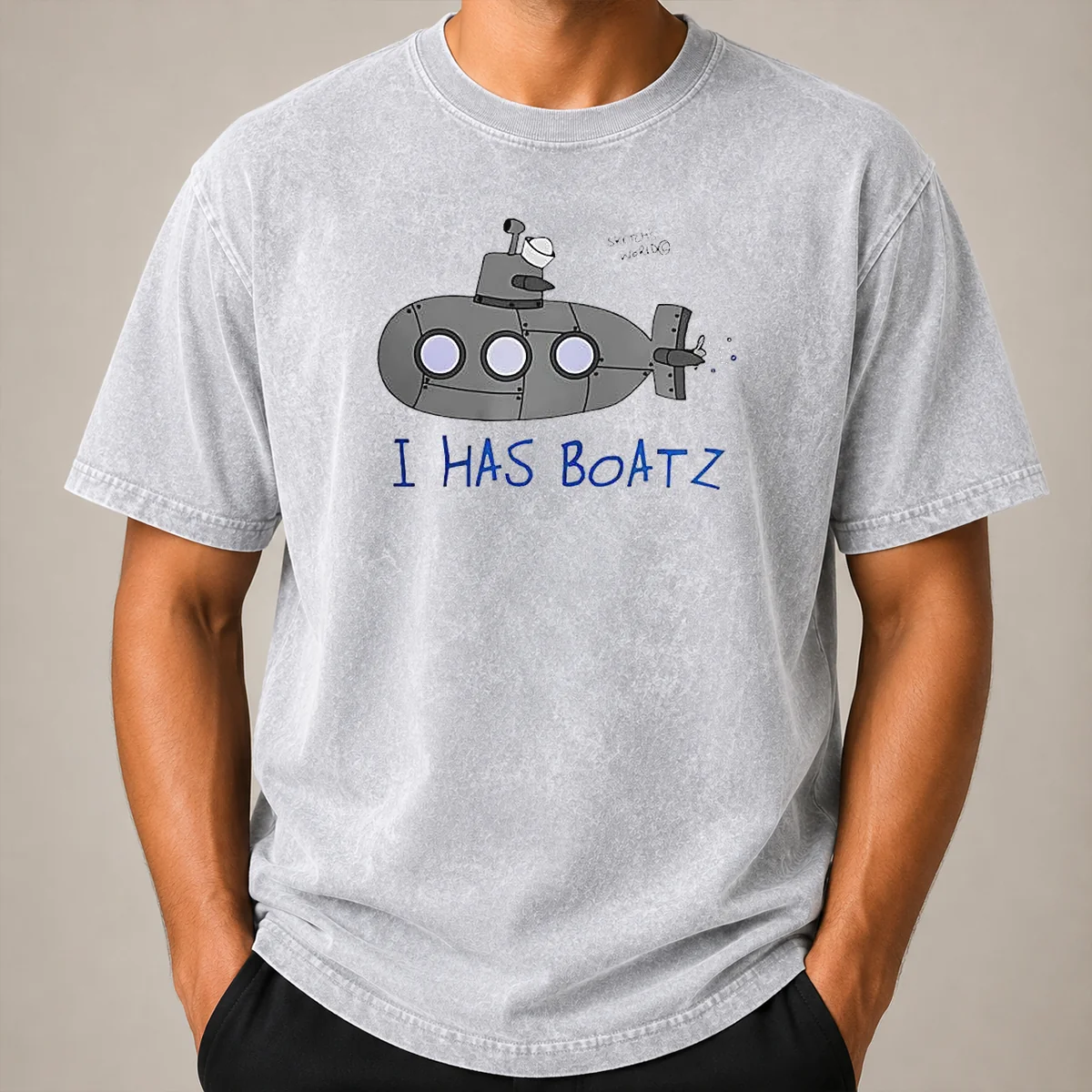 Good Premium Submarine I Has Boatz Cartoon Meme Washed T Shirt Good Premium Submarine I Has Boatz Cartoon Meme washed t shirt front view in faded blue color