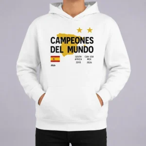 Good Spain Campeones Del Mundo 2010 South Africa And 2026 World Cup Hoodie in black with front graphic design