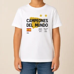 Good Spain Campeones Del Mundo 2010 South Africa And 2026 World Cup kids t shirt in white with bold red and yellow print