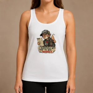 Good Survived NYC Trip Funny Grunge Streetwear Tank Top in black, sleeveless casual wear with bold graphic text