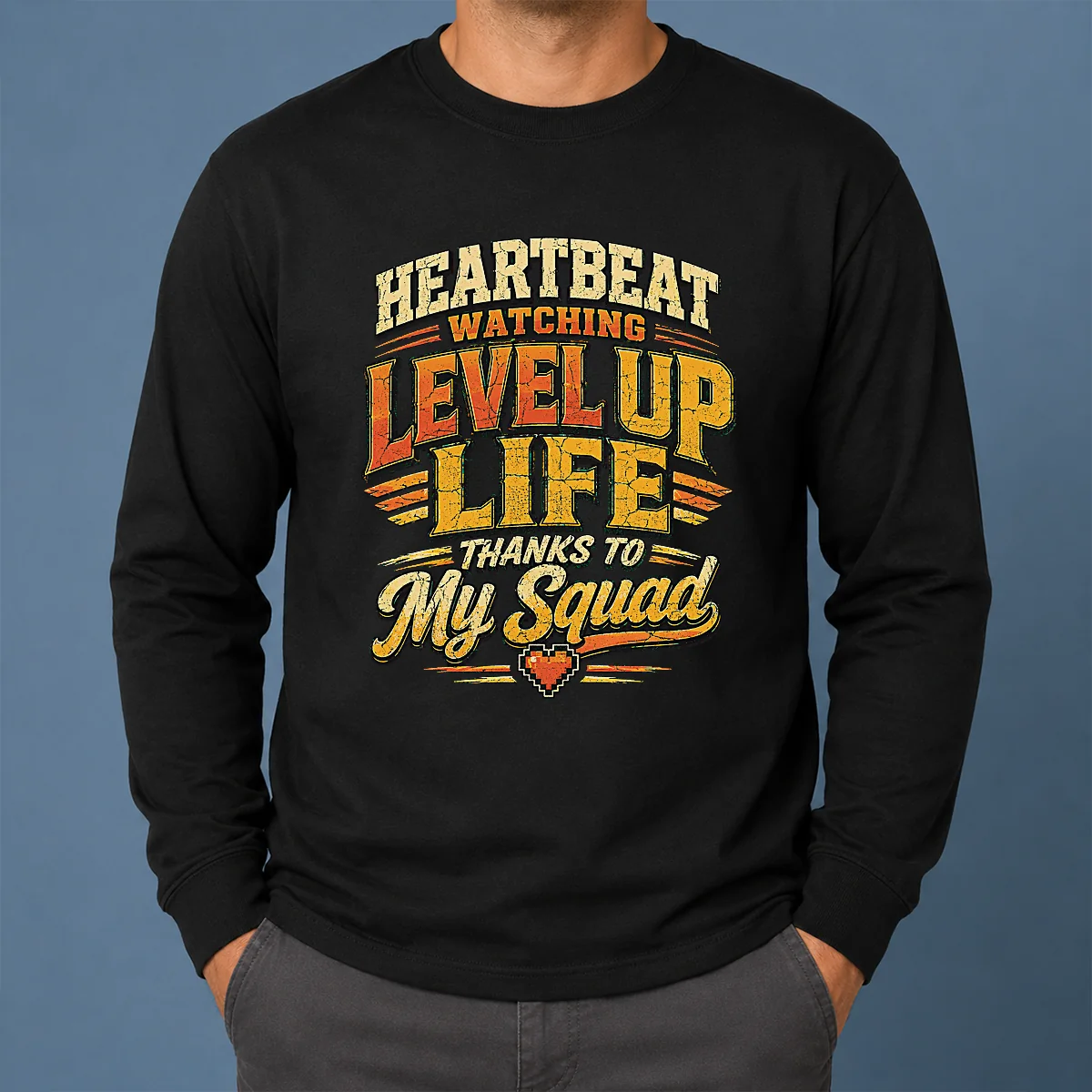 Heartbeat Watching Level Up Life Squad Vintage Retro Distressed Long Sleeve Shirt Heartbeat Watching Level Up Life Squad Vintage Retro Distressed Long Sleeve Shirt