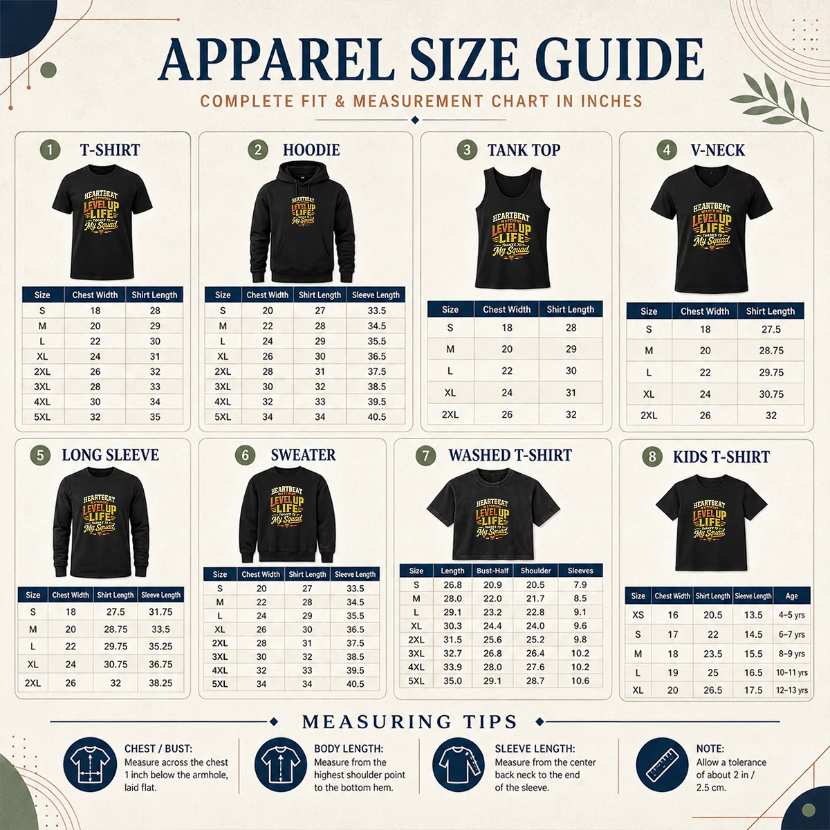 Heartbeat Watching Level Up Life Squad Vintage Retro Distressed Shirt Size Chart Size chart for Heartbeat Watching Level Up Life Squad Vintage Retro Distressed Shirt with measurements in inches and cm.