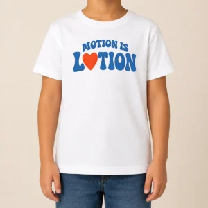 Hot Good Motion Is Lotion Fitness Exercise Motivation Kids T Shirt in blue, short sleeve cotton tee for children
