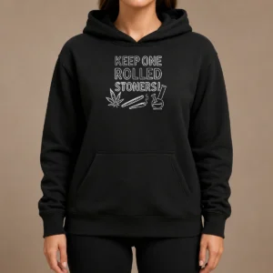 Hot Keep One Rolled Stoners Hoodie in black with front pocket and drawstring hood